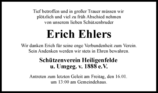 Traueranzeige von Erich Ehlers von SYKS