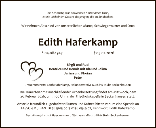 Traueranzeige von Edith Haferkamp von SYKS