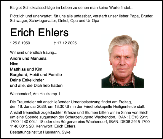 Traueranzeige von Erich Ehlers von SYKS