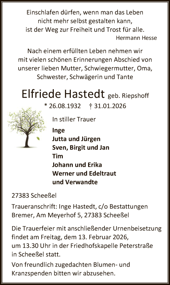 Traueranzeige von Elfriede Hastedt von SYKR