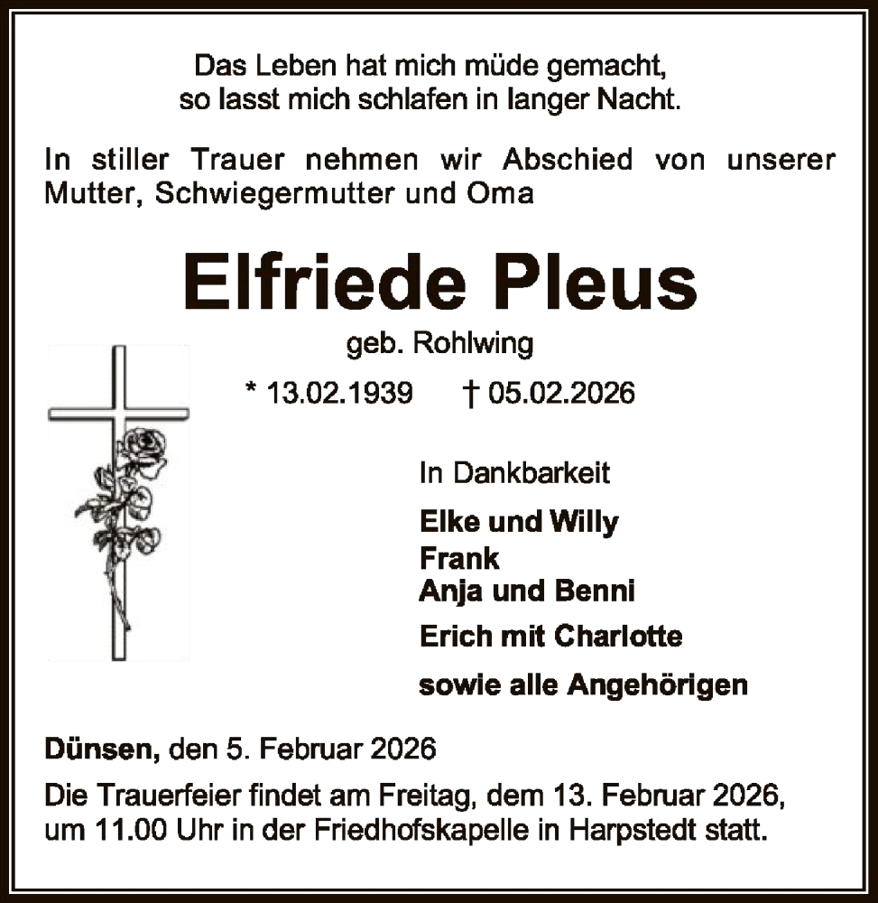  Traueranzeige für Elfriede Pleus vom 10.02.2026 aus SYKSSYWZ