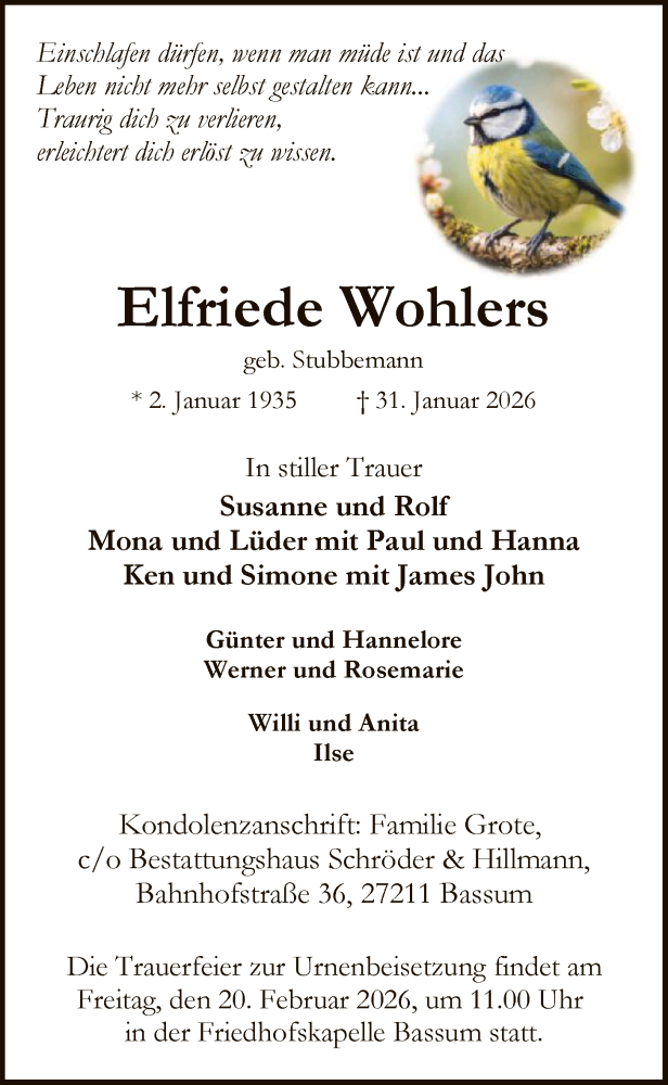  Traueranzeige für Elfriede Wohlers vom 14.02.2026 aus SYKS
