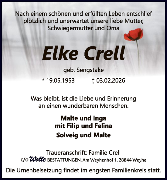 Traueranzeige von Elke Crell von SYKS