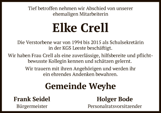 Traueranzeige von Elke Crell von SYKS