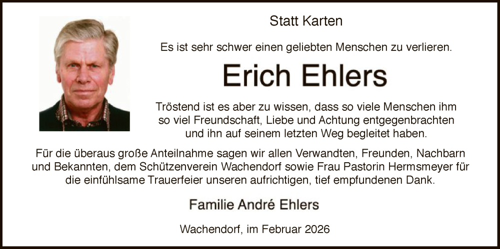  Traueranzeige für Erich Ehlers vom 07.02.2026 aus SYKS