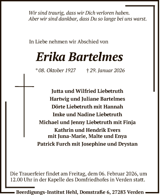 Traueranzeige von Erika Bartelmes von SYKS