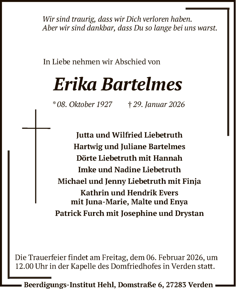  Traueranzeige für Erika Bartelmes vom 04.02.2026 aus SYKS