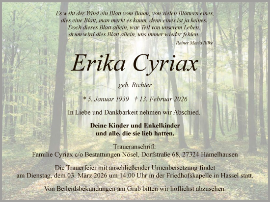 Traueranzeige von Erika Cyriax von SYKS