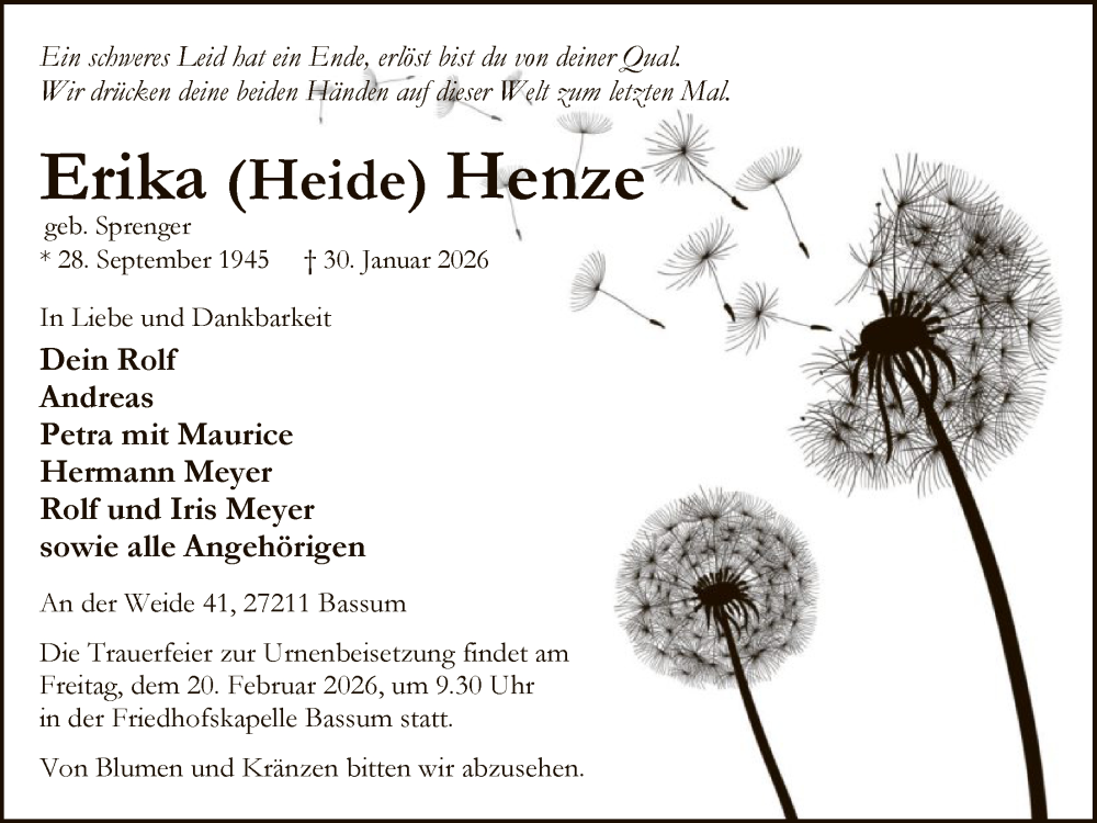 Traueranzeige für Erika Henze vom 07.02.2026 aus SYKS