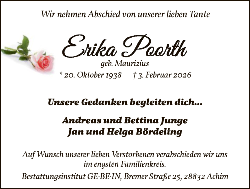  Traueranzeige für Erika Poorth vom 07.02.2026 aus SYKS