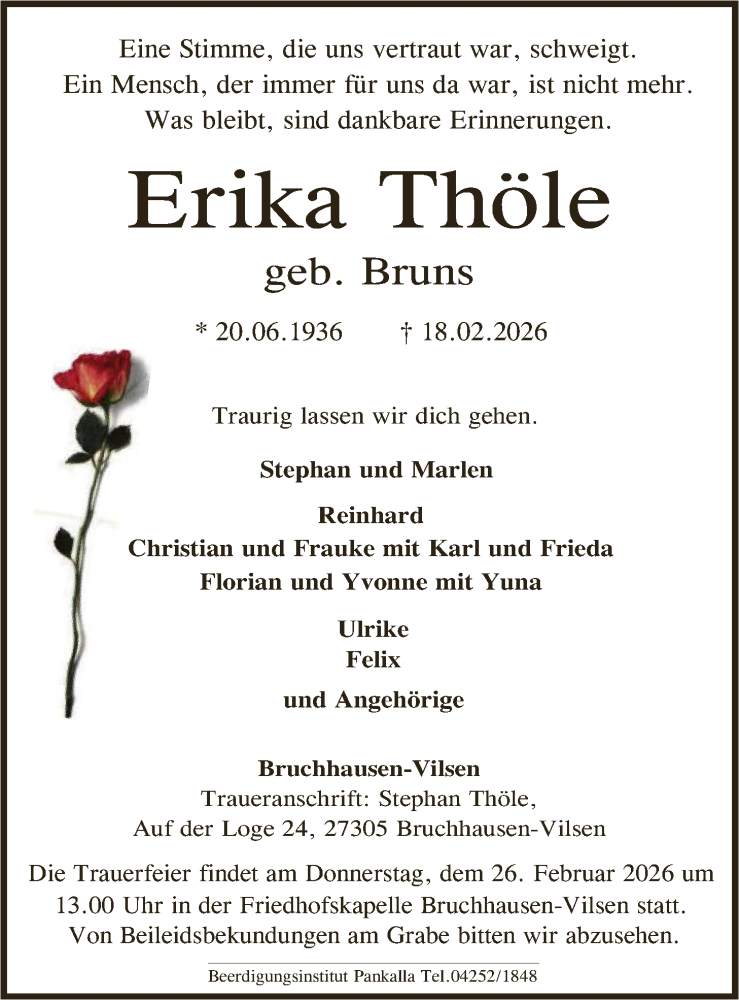  Traueranzeige für Erika Thöle vom 21.02.2026 aus SYKS
