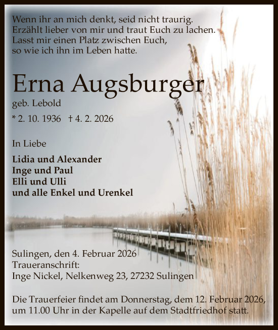 Traueranzeige von Erna Augsburger von SYKS