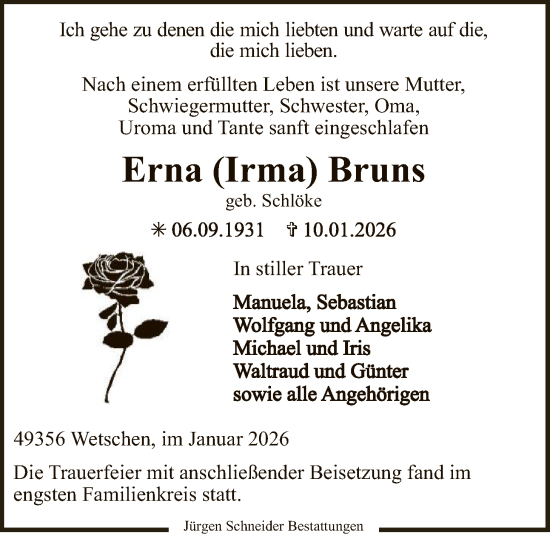 Traueranzeige von Erna Bruns von SYKS
