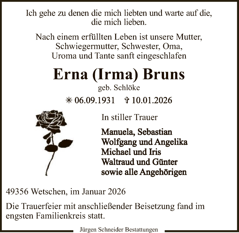  Traueranzeige für Erna Bruns vom 07.02.2026 aus SYKS