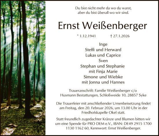 Traueranzeige von Ernst Weißenberger von SYKS