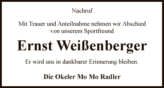 Traueranzeige von Ernst Weißenberger von SYKS