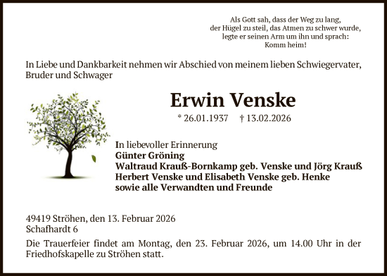 Traueranzeige von Erwin Venske von SYKS