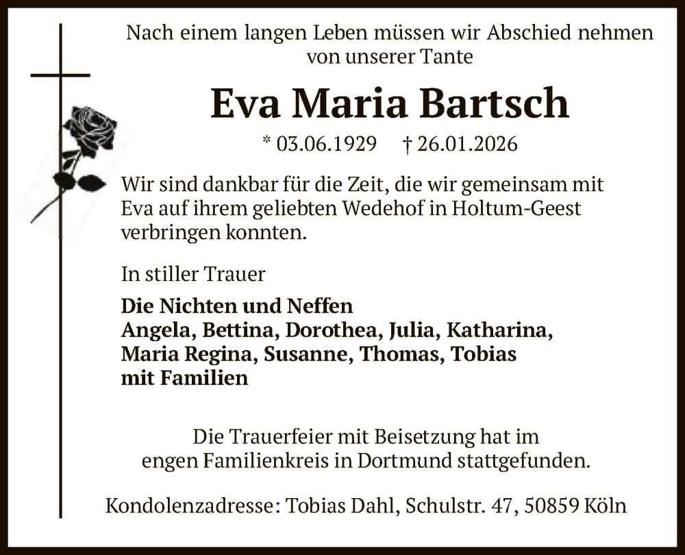  Traueranzeige für Eva Maria Bartsch vom 07.02.2026 aus SYKS