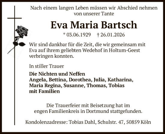 Traueranzeige von Eva Maria Bartsch von SYKS