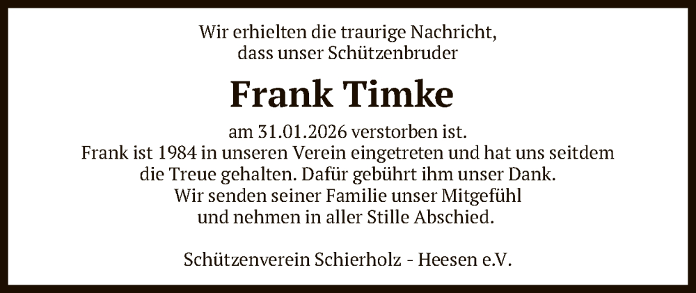  Traueranzeige für Frank Timke vom 07.02.2026 aus SYKS