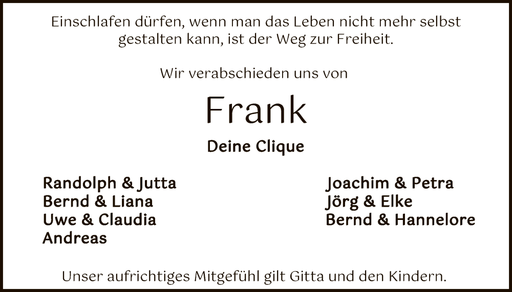  Traueranzeige für Frank Timke vom 07.02.2026 aus SYKS