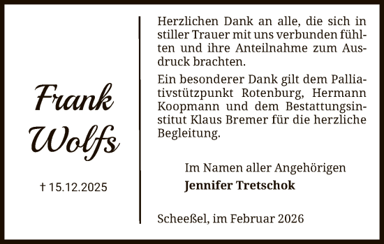 Traueranzeige von Frank Wolfs von SYKR