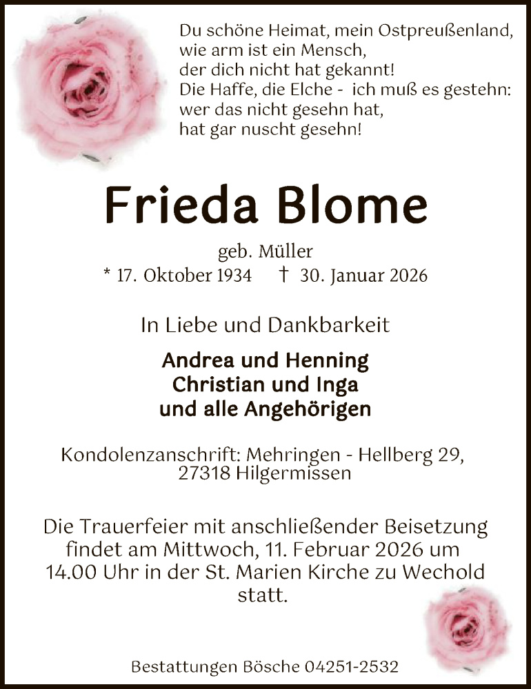  Traueranzeige für Frieda Blome vom 07.02.2026 aus SYKS