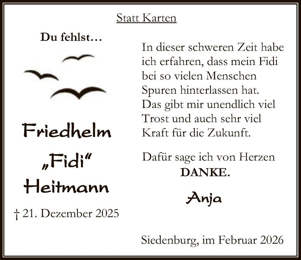  Traueranzeige für Friedhelm Heitmann vom 07.02.2026 aus SYKSSYKS