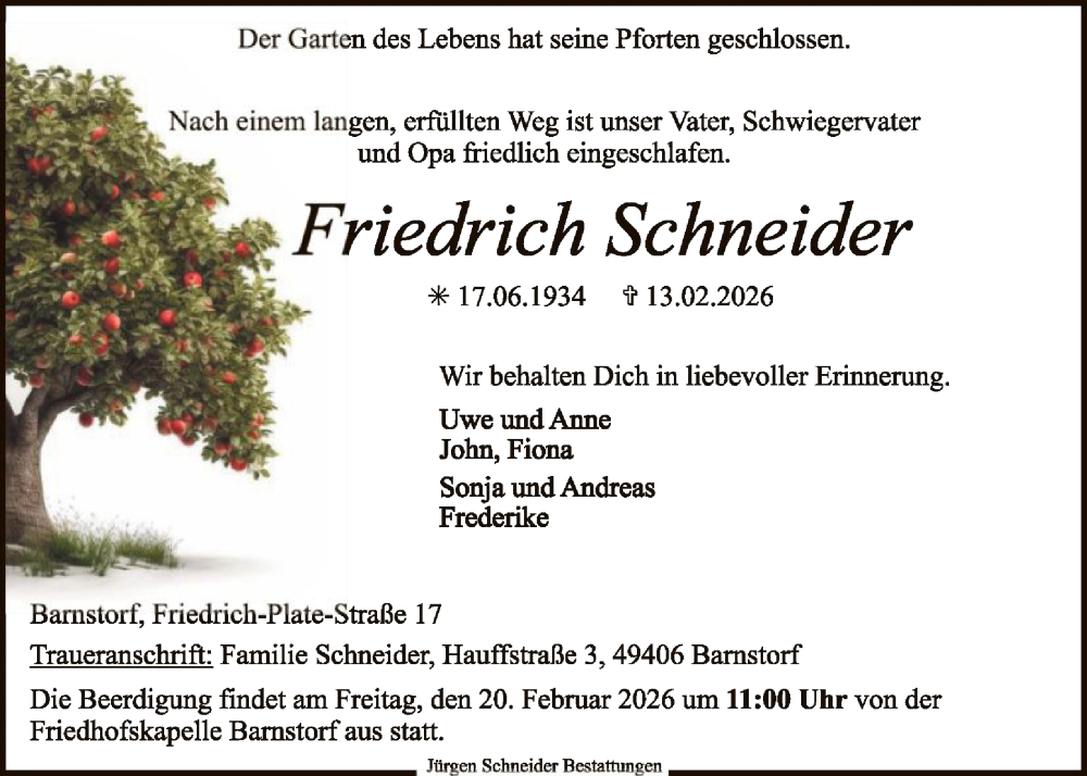  Traueranzeige für Friedrich Schneider vom 17.02.2026 aus SYKS