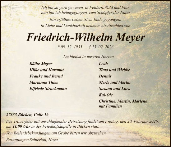 Traueranzeige von Friedrich-Wilhelm Meyer von SYKS