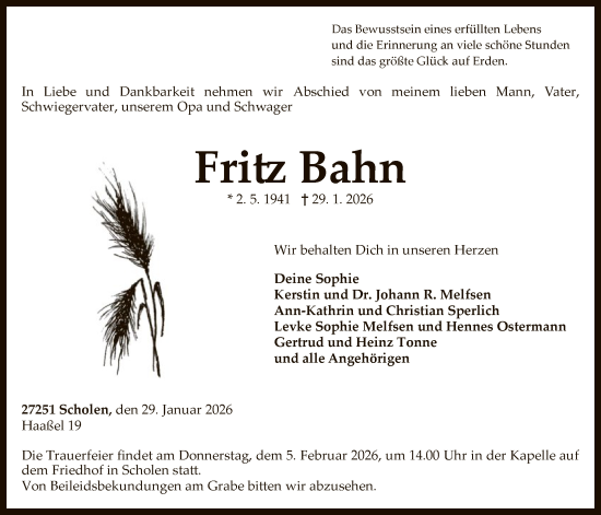 Traueranzeige von Fritz Bahn von SYKS