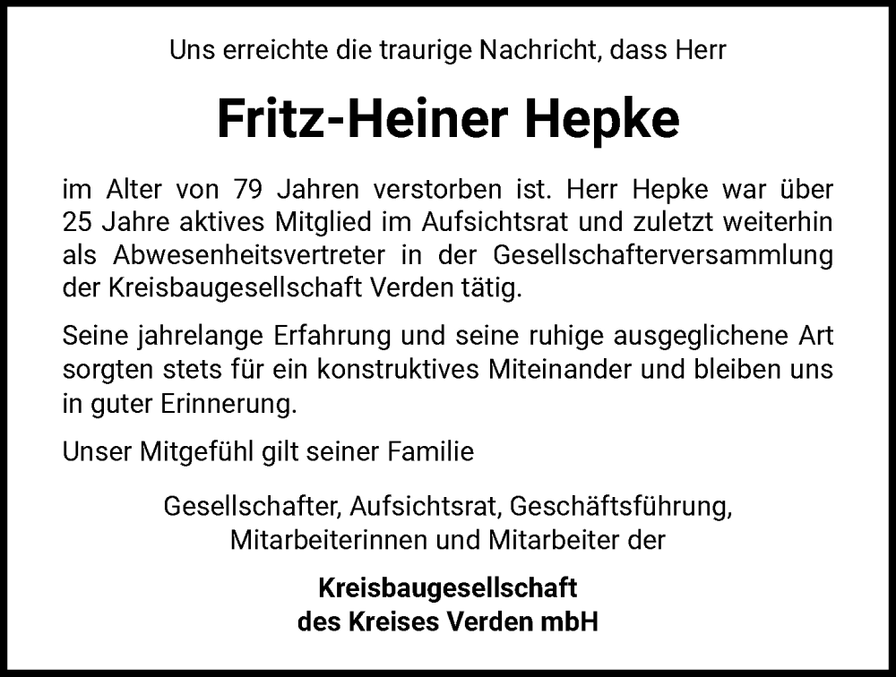  Traueranzeige für Fritz-Heiner Hepke vom 07.02.2026 aus SYKS