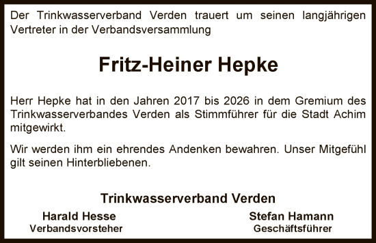Traueranzeige von Fritz-Heiner Hepke von SYKS