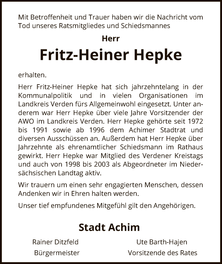  Traueranzeige für Fritz-Heiner Hepke vom 07.02.2026 aus SYKS