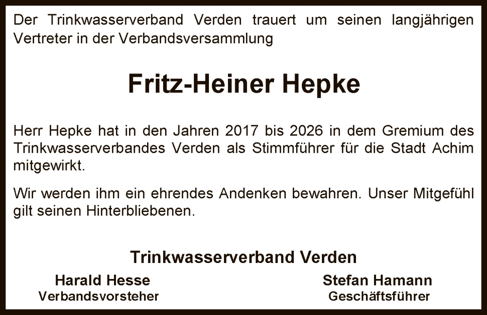  Traueranzeige für Fritz-Heiner Hepke vom 07.02.2026 aus SYKS
