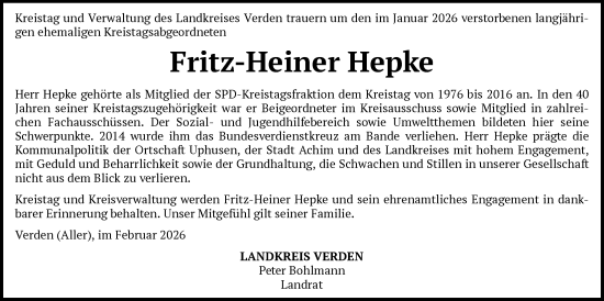 Traueranzeige von Fritz-Heiner Hepke von SYKS