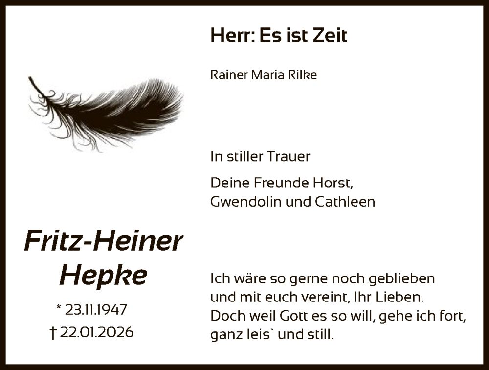  Traueranzeige für Fritz-Heiner Hepke vom 07.02.2026 aus SYKS