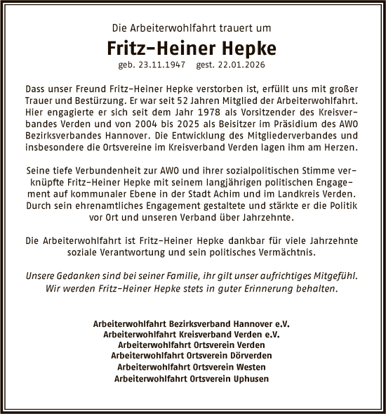 Traueranzeige von Fritz-Heiner Hepke von SYKS