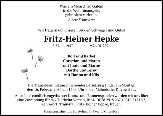 Traueranzeige von Fritz-Heiner Hepke von SYKS