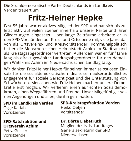 Traueranzeige von Fritz-Heiner Hepke von SYKS