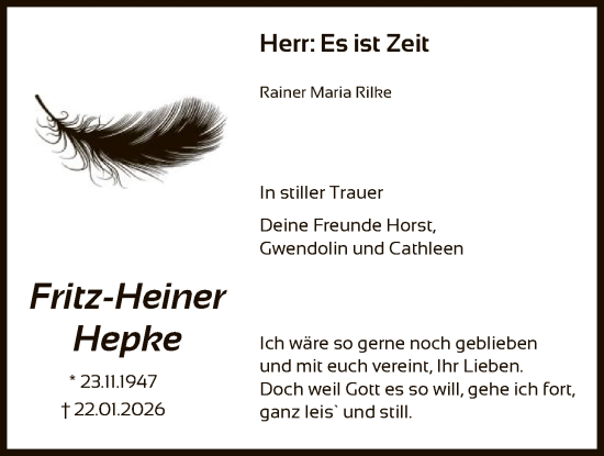 Traueranzeige von Fritz-Heiner Hepke von SYKS