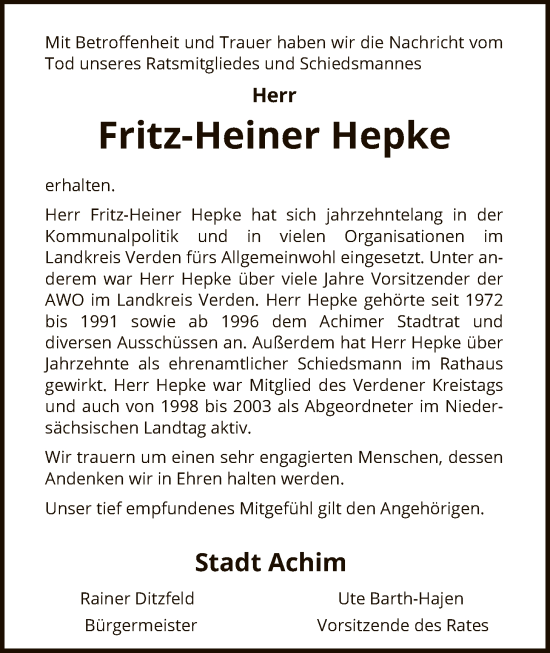 Traueranzeige von Fritz-Heiner Hepke von SYKS