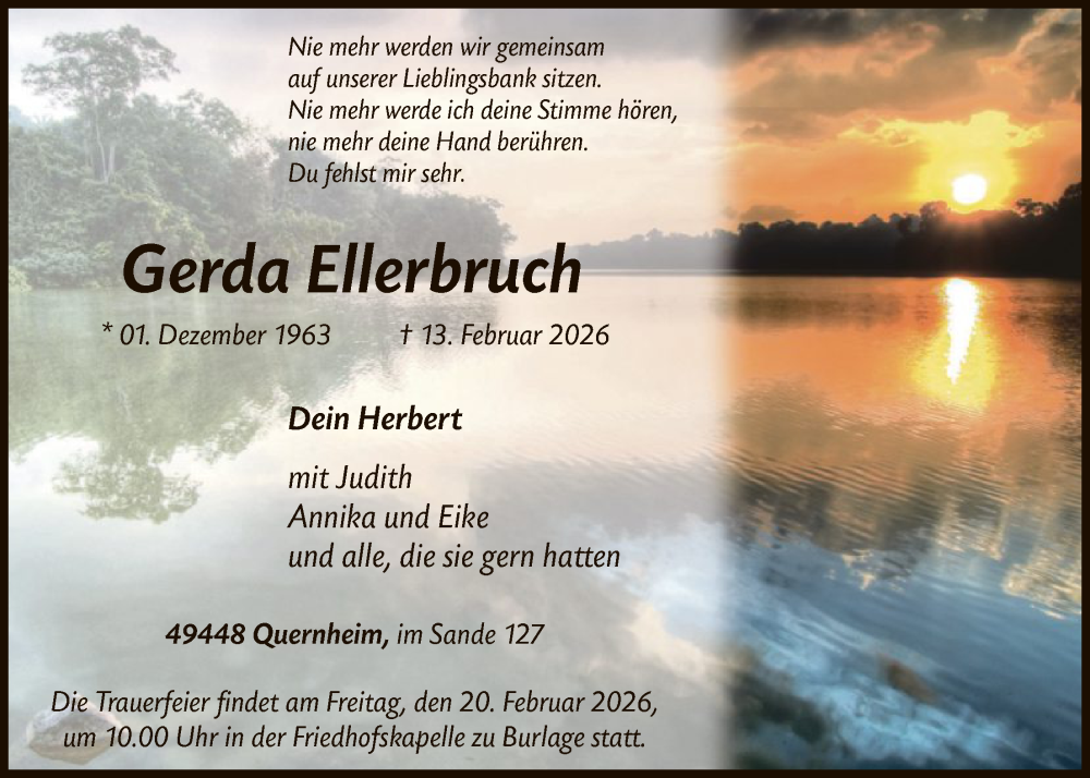  Traueranzeige für Gerda Ellerbruch vom 17.02.2026 aus SYKS