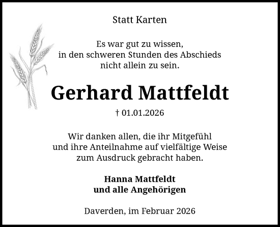 Traueranzeige von Gerhard Mattfeldt von SYKS
