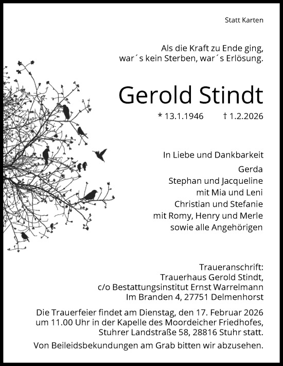 Traueranzeige von Gerold Stindt von SYKS