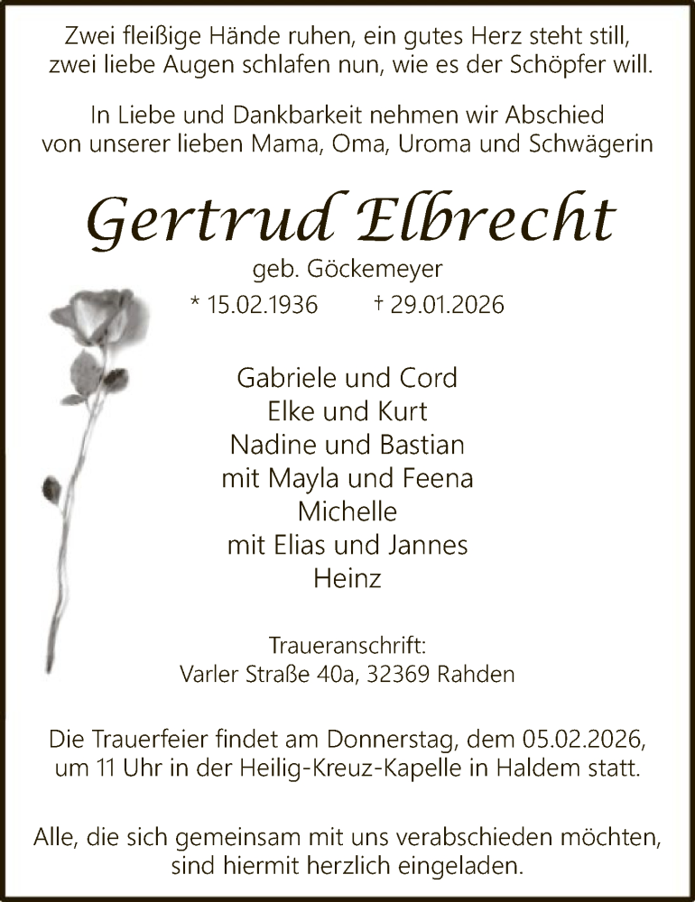  Traueranzeige für Gertrud Elbrecht vom 03.02.2026 aus SYKS