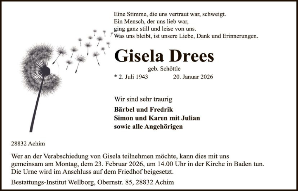 Traueranzeige für Gisela Drees vom 07.02.2026 aus SYKS