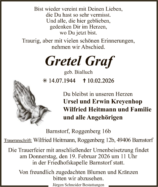 Traueranzeige von Gretel Graf von SYKS