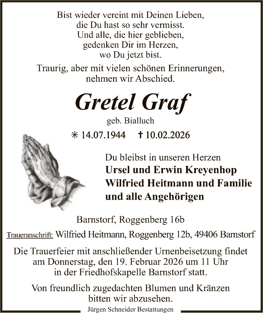  Traueranzeige für Gretel Graf vom 14.02.2026 aus SYKS