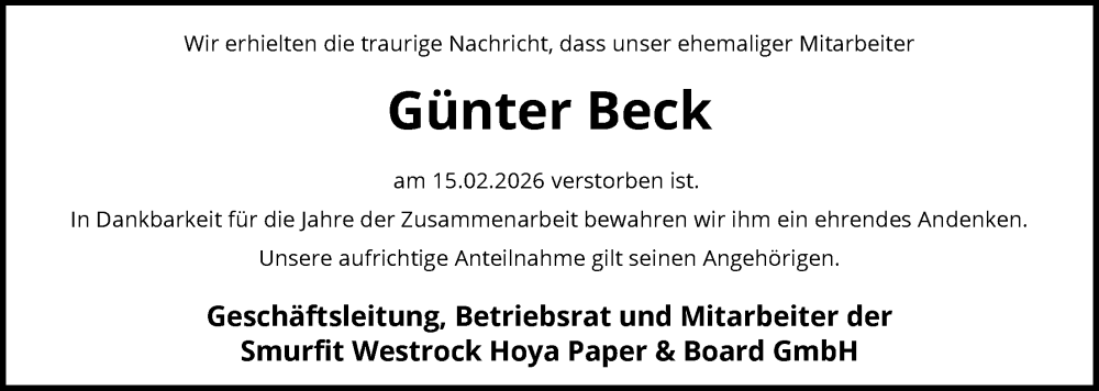  Traueranzeige für Günter Beck vom 25.02.2026 aus SYKS